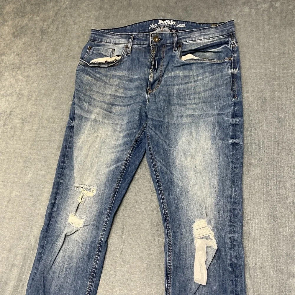 Vintage Buffalo Ash X Jeans Mens 36x32 Blue Denim Stretch Distressed Slim Fit